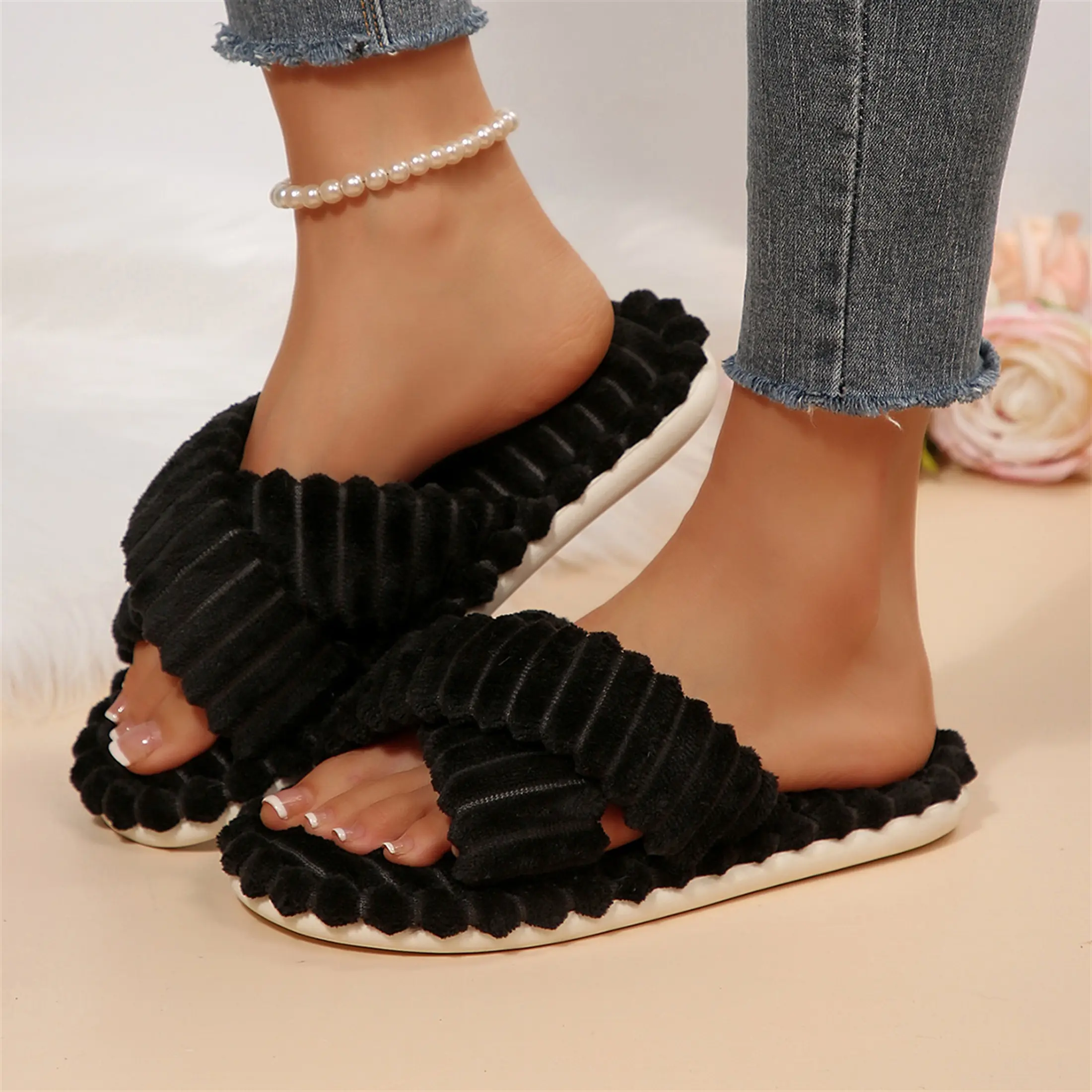 Women's Trendy Corduroy Cross Band Slippers Soft Fluffy Thick Sole Open Toe House Slides Indoor Outdoor Shoes