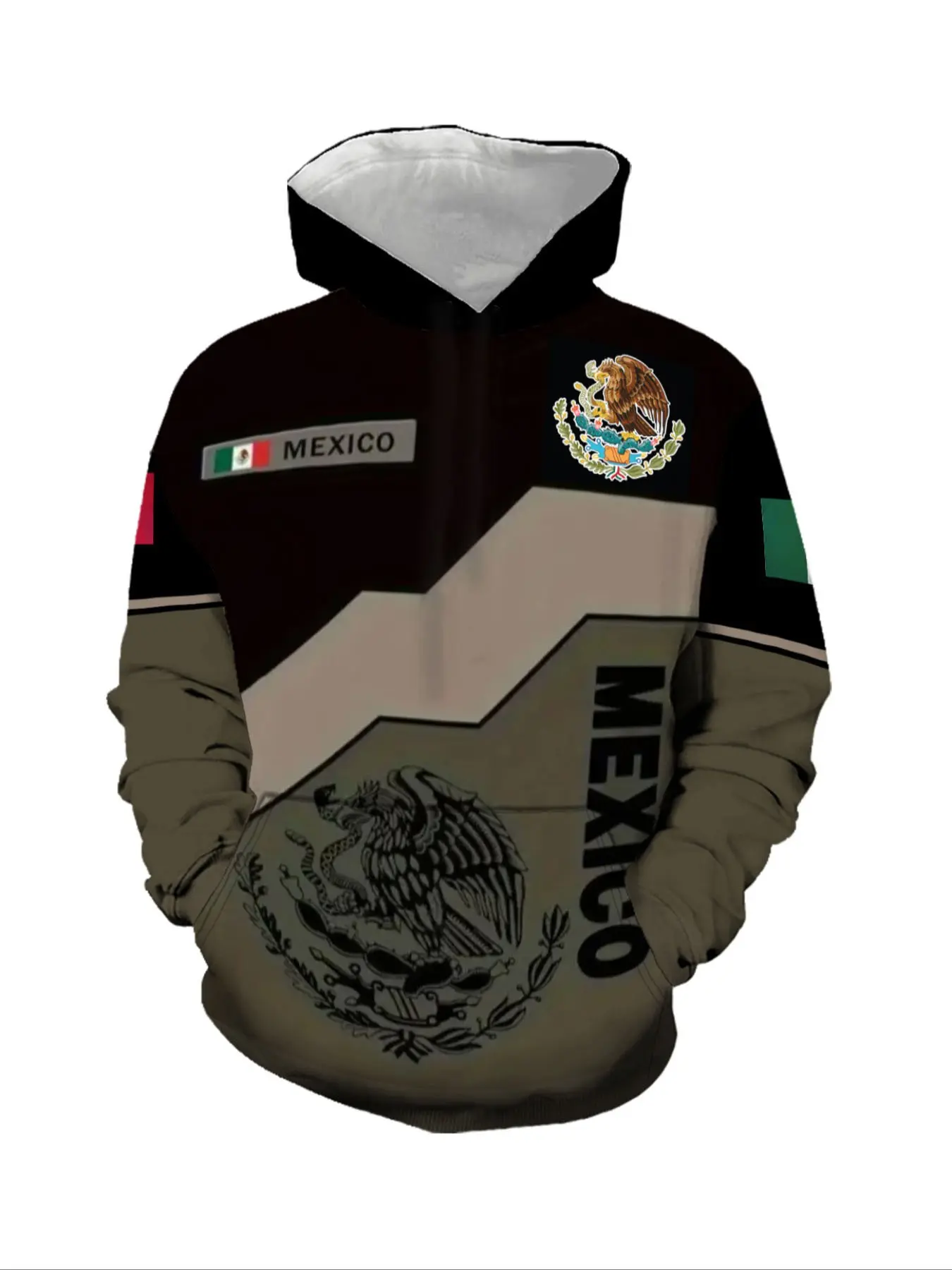 Men's 3D Casual Graphic Hoodie - Retro Mexican Eagle 3D Print Street Style Pullover, Geometric Pattern Sweatshirt with Mexican Flag Colors, Unisex Regular Fit, Long Sleeve, Machine Washable, Graphic Hoodies, Casual Streetwear Hoodie