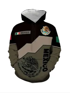 Men's 3D Casual Graphic Hoodie - Retro Mexican Eagle 3D Print Street Style Pullover, Geometric Pattern Sweatshirt with Mexican Flag Colors, Unisex Regular Fit, Machine Washable, Graphic Hoodies