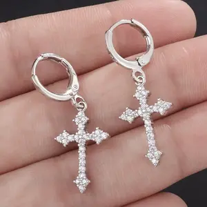 Cross Hoop Dangle Earrings with CZ Hypoallergenic Cross Dangle Drop Earrings For Men Women White