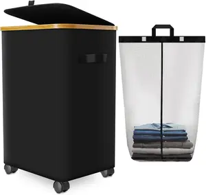 Laundry Hamper with Wheels,20 Gal (75L) Laundry Basket with lid Rolling Clothes Hamper Foldable Dirty Clothes Basket on wheels with  Frame and Bag for Bedroom, Dorm, Laundry Room-Black