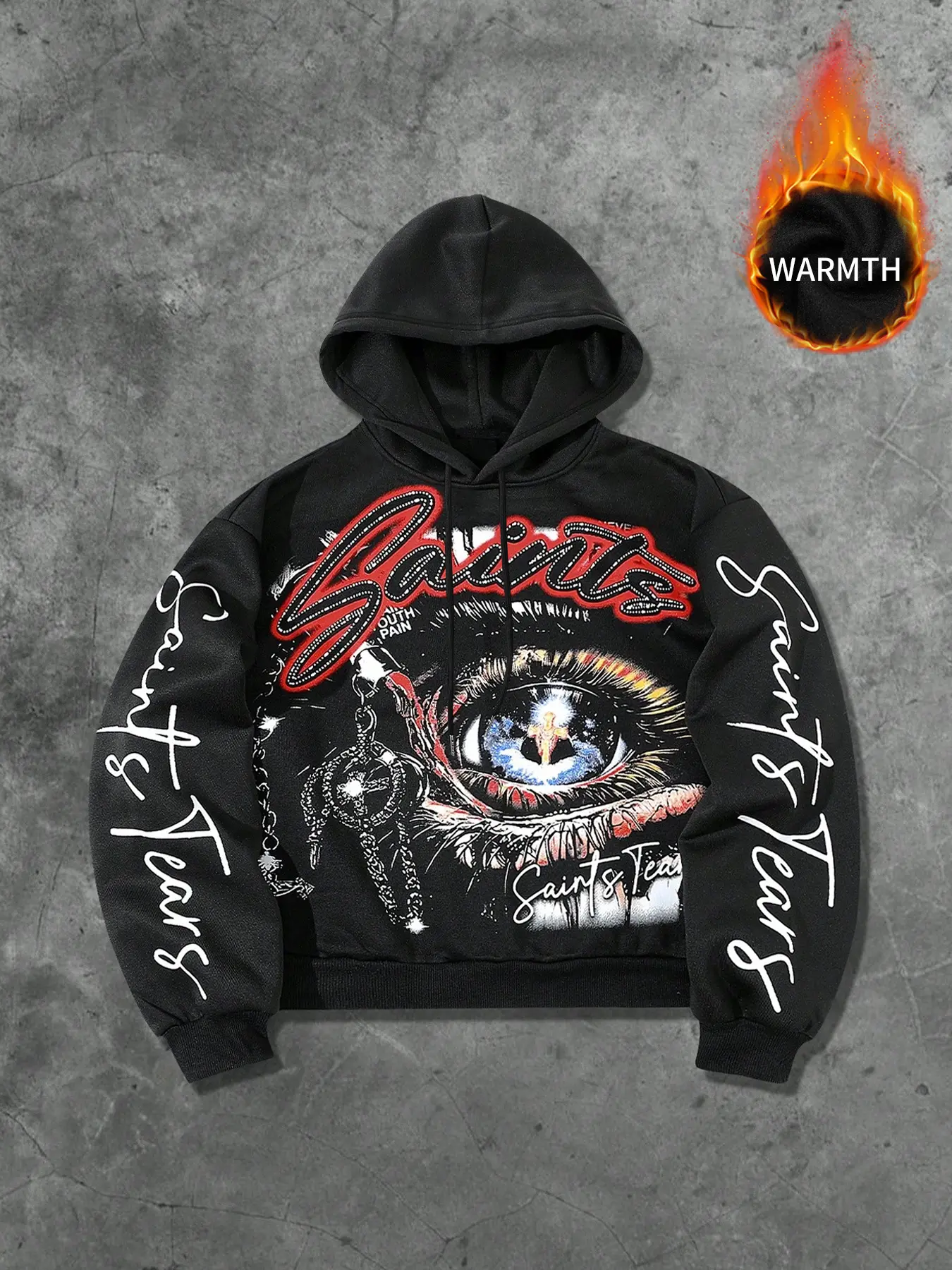 Men's Fall Winter Dark Culture Fleece Graphic Hoodie, Eye Chain & Saints Tears Print, Streetwear Fashion, Casual Long Sleeve Sweatshirt, Casual Hooded Sweatshirts