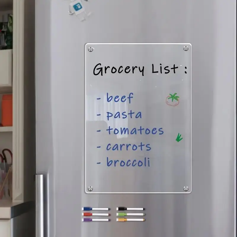 Small Magnetic Dry Erase Board for Refrigerator, 12"X 8" Acrylic Magnetic Whiteboard for Fridge Clear White Board Kitchen Menu Board Memo Note Planner, Includes 6Markers