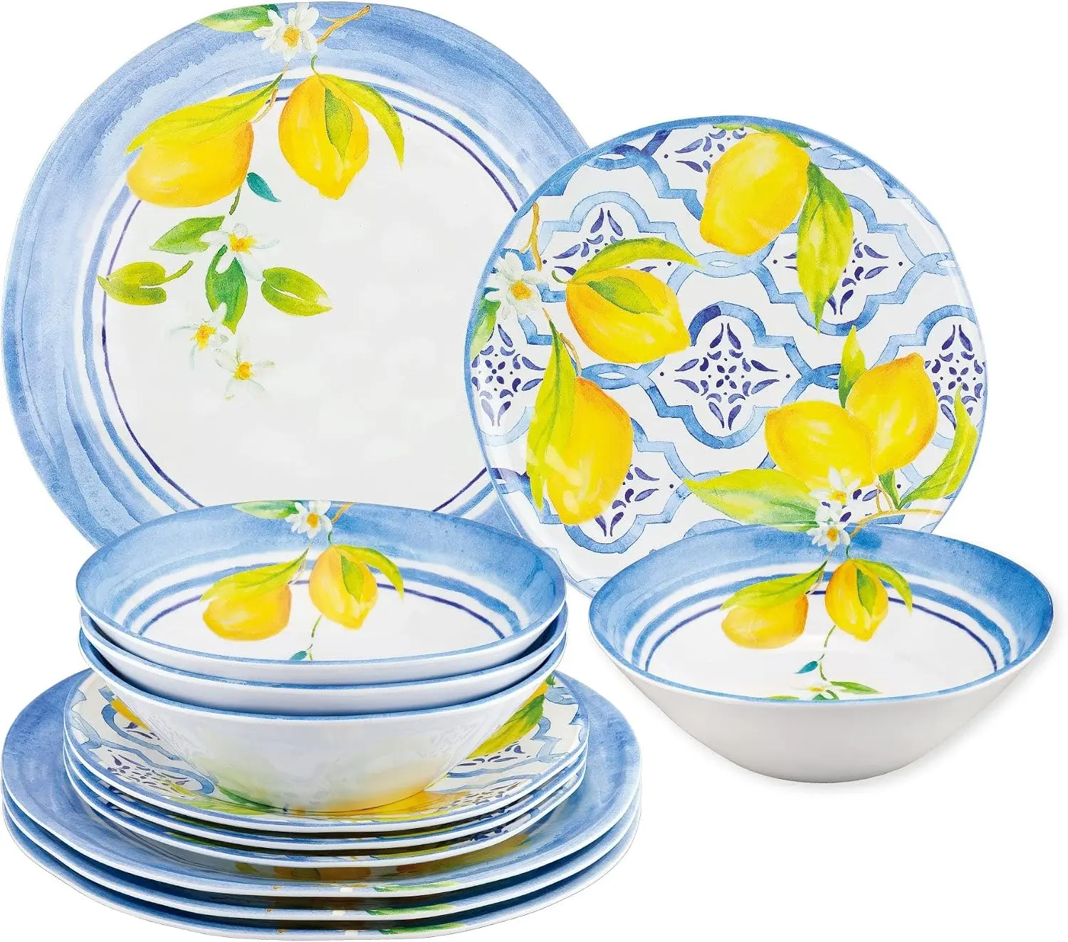 12 Piece Lovely Lemons Melamine Dinnerware Sets, Outdoor Dishes Set, Plates and Bowls Sets, Service for 4, Blue, Yellow