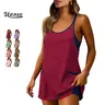 UANEO Womens Striped Tennis Dress with Built-in Shorts Sleeveless V Neck Mini Athletic Romper with Pockets 4th of July Summer Vacation Outfit