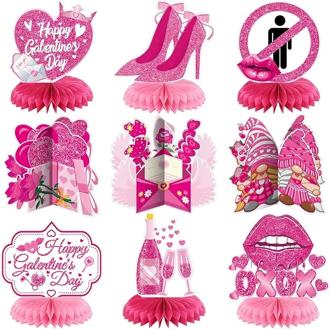 Galentines Day Honeycomb Centerpieces – Pack of 9, 3D Pink Table Decorations for Valentine's Day Party, Table Decor & Centerpieces for Valentine's Day Celebration