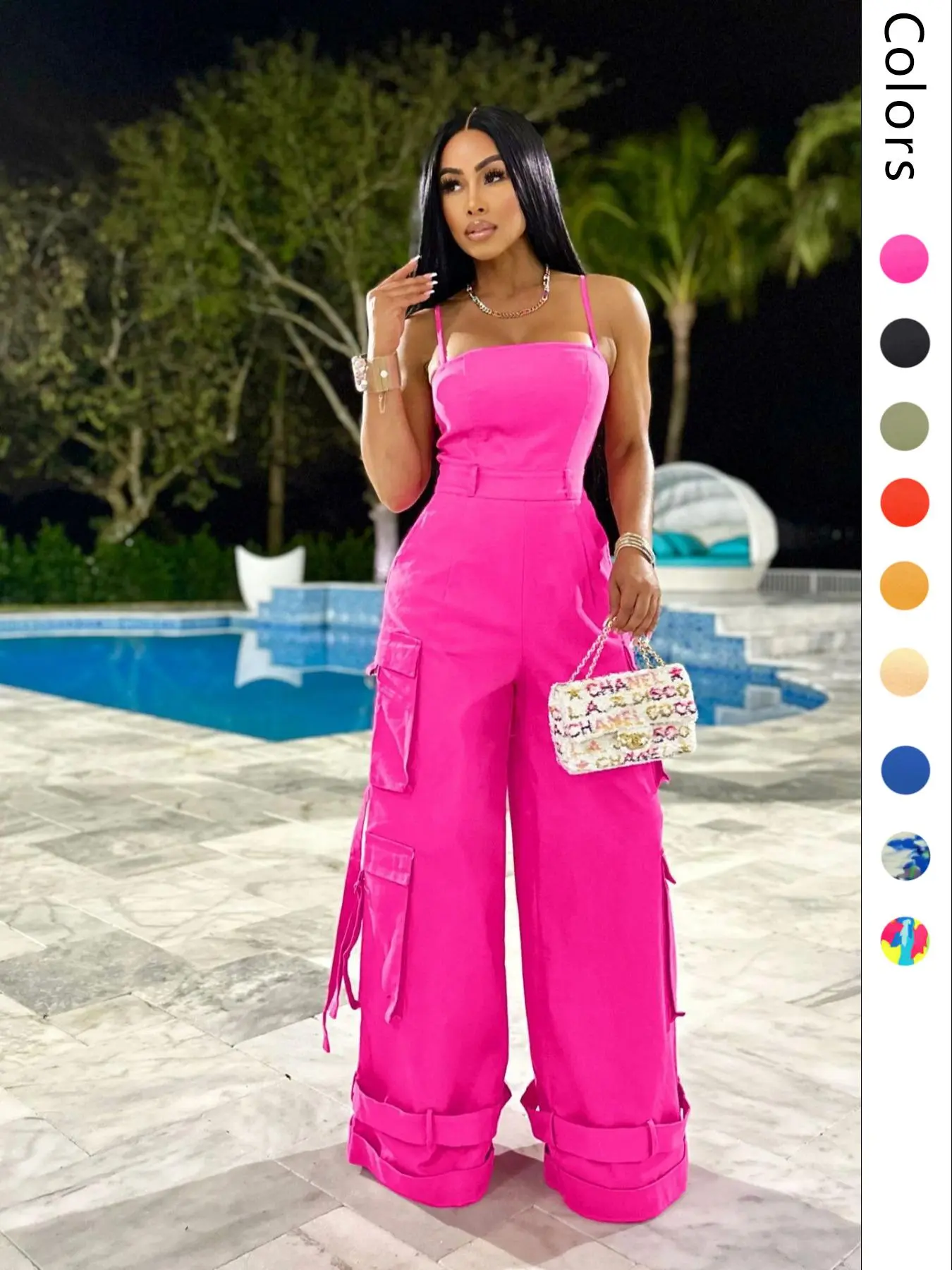 Women's Plain/All-Over Print Multi-Pocket Cargo Jumpsuit, Casual Backless Spaghetti Strap Wide-Leg Jumpsuit, Streetwear, Summer Wear, Comfy Cami Jumpsuit, Overalls