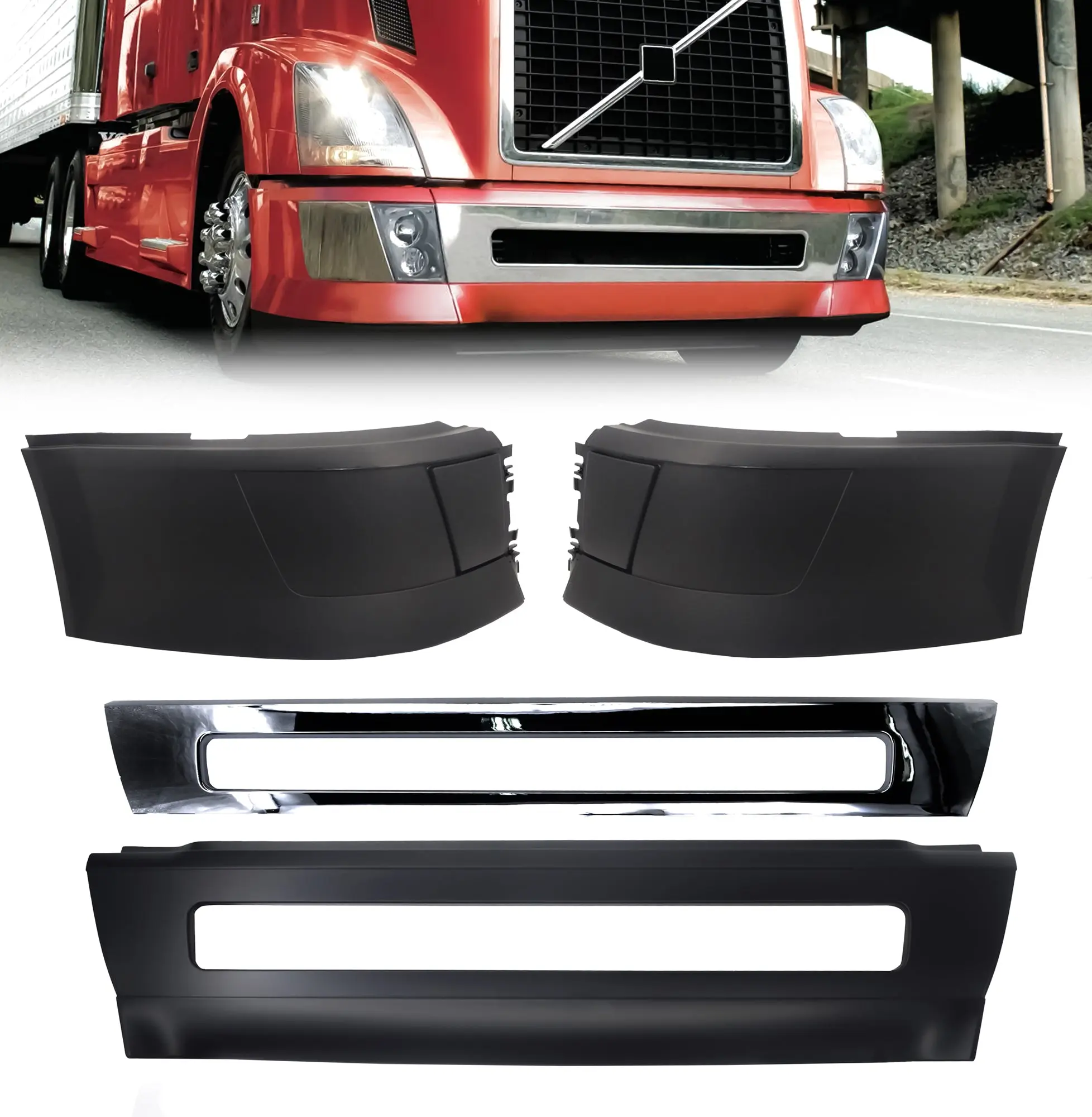 TORQUE Semi Truck Bumper Set (TR004, TR058) - Corner Bumpers (No Fog Light Holes) & Front Center Replacement for 2004-2015 Volvo VNL, Towing Trucks - LHD Driver Left, RHD Passenger Right, Towing Truck