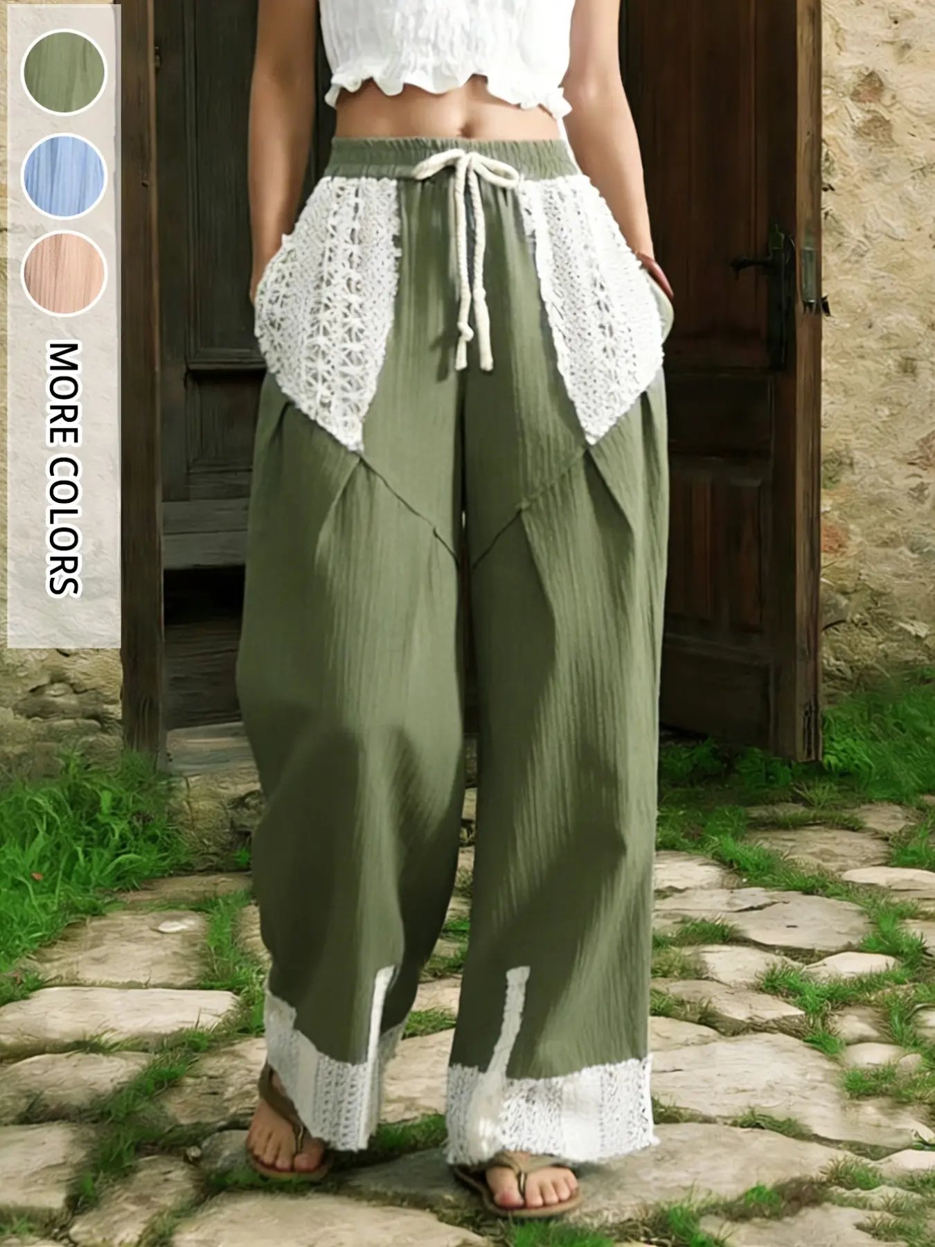 New Vintage Crochet Lace Patchwork Wide Leg Pants, Boho Trousers, Military Casual Drawstring Adjustable Trousers, Casual Comfy Pants, Women's Loose Fit Fashion Joggers Bottoms, Womenswear