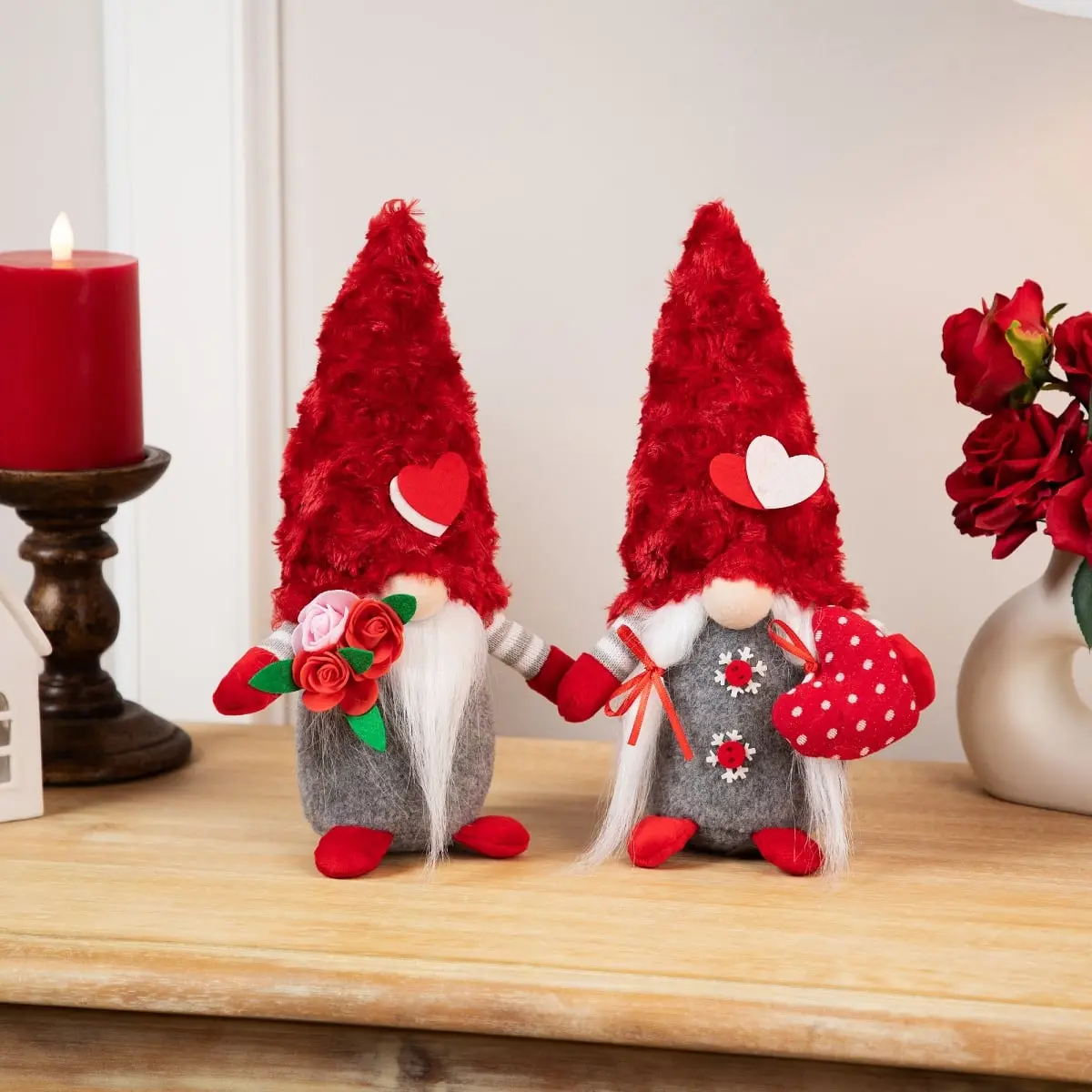 360 Stand Fabric Valentine's Day Gnome Figurines - 11.5 in Fuzzy Hat, Red and Gray, Set of 2, Festive Ornaments for Bouquet, Home Decor, Room Decor, Roses, Bendable, Room Accessories, 11.5 Inches High