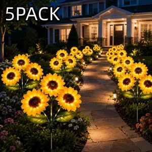Set of 5 Solar-Powered LED Sunflower Garden Lights, IPX4 Water-Resistant, 8 Lighting Modes, Ideal for Decorating Patios, Lawns, Balconies, and Porches, Energy-Efficient Garden Lighting, Durable Plastic Solar Garden Lights