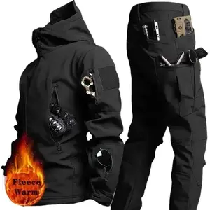 Men’s Tactical Winter Outdoor Set – Windproof & Waterproof Softshell Hooded Jacket with Multiple Pockets + Sharkskin Work Pants