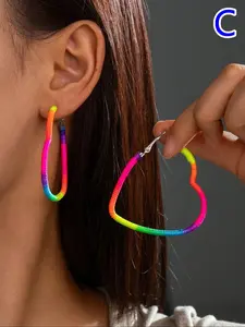 Boho Style Rainbow Color Heart Shaped Design Dangle Earrings, Statement Earrings, Jewelry for Women & Men, Trendy Jewelry for Birthday Gift, Jewelry Accessories, Trendy Fashionable Accessories, Lightweight Chunky Hoops