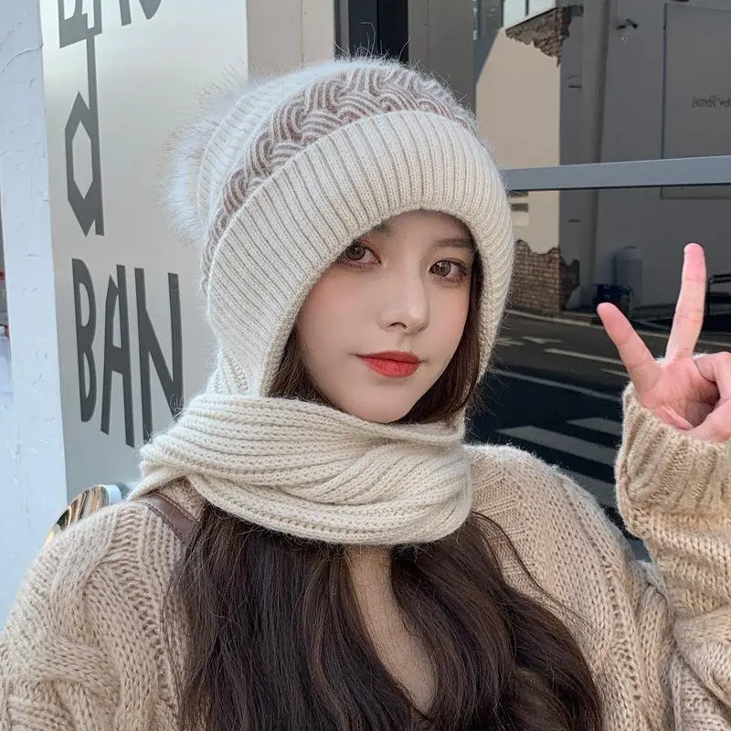 Women's Winter Knitted Beanie Scarf Set - Cute Ear & Neck Warmer All-in-One Hat