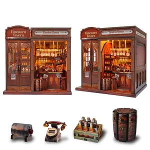 DIY Wooden Book Nook Model Kit with LED Light, Timeworn Tavern Miniature House Building Set, 3D Bookshelf Insert Puzzle, Interlocking Assembly for Adults and Teens, Home Office Decor Gift