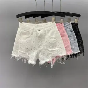 Ripped Denim Shorts for Women, New Summer High-Waisted Slimming Heavy Embroidered Colorful Rhinestone Hot Girl Wide-Leg Hot Pants color low waist White five-point