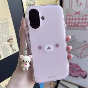 Crystal-Transparent White Light Painted Bear Expression Protective Phone Case Casing with Bear Pendant for iPhone 11/12/13/14/15/16/17 Pro Max
