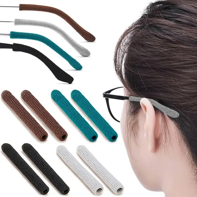 4 Pairs Upgrade Soft Glasses Ear Cushion, Anti Slip Knitting Cotton Eye Glasses Ear Grippers, Comfort Temple Sleeves Tips Eyeglass Ear Pads, Non Slip Eyeglass Grips for Behind the Ear backtoschool