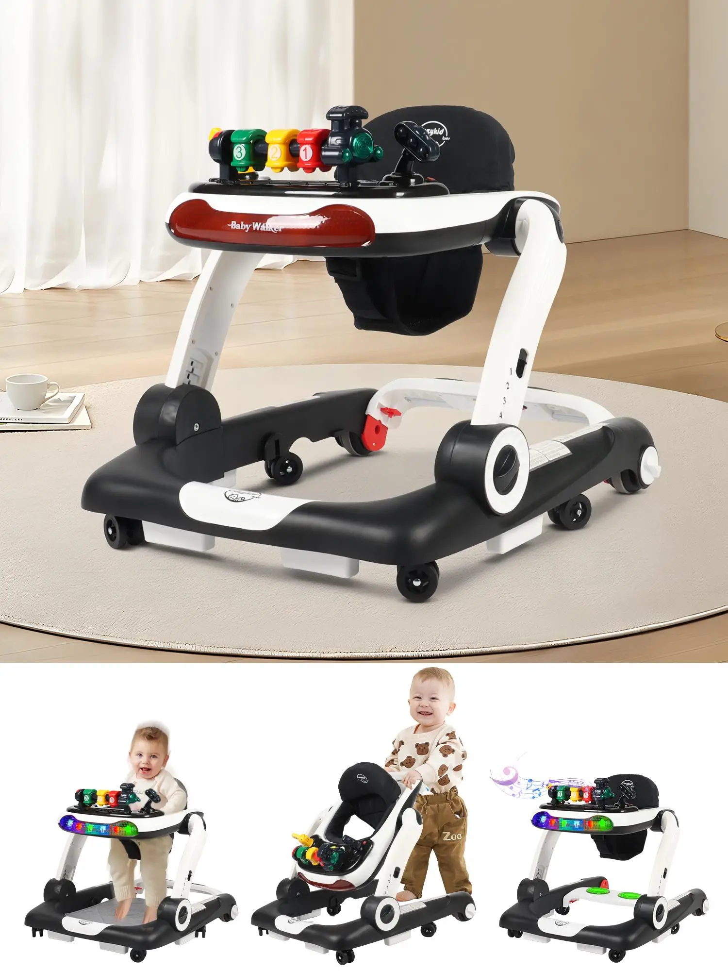 Baby Walker with Wheels 6 in 1 Activity Center for Boys Girls 6-18 Months Black with Ergonomic Backrest Design Foot Pads Music Bouncer Modes for Hand