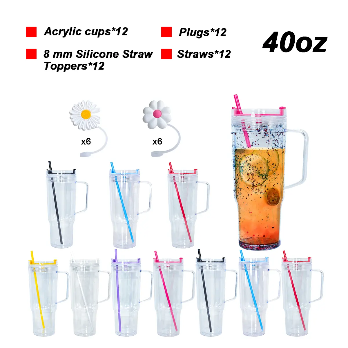 ICESIP 40Oz 12pcs Snow Globe Tumbler with Handle, mixed color with straw toppers, Double Wall Plastic Clear Cup Tumbler for Glitter Lava drip gift DIY