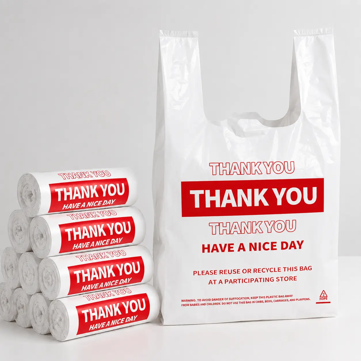 100 Pack White Thank You Plastic Bags with Handles Heavy Duty HDPE T Shirt Shopping Bags 11.5 x 6.5 x 21 Inch for Grocery Retail Small Business Merchandise and Takeout