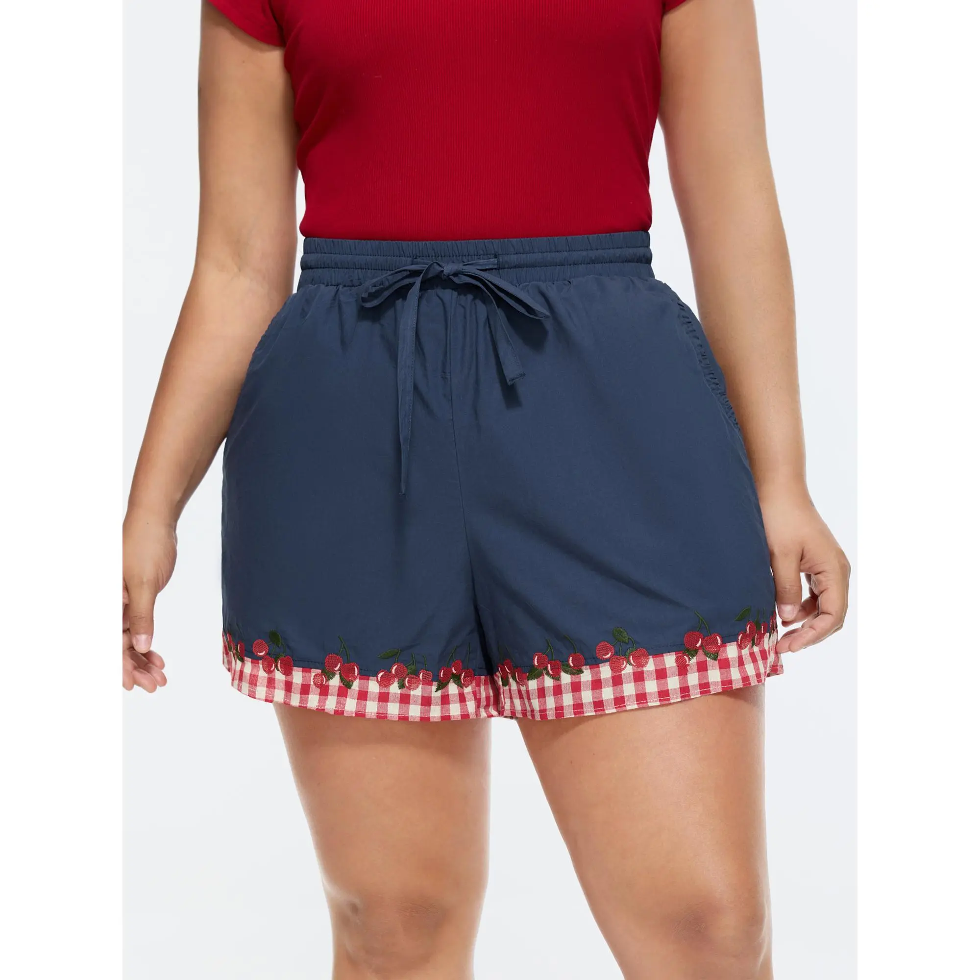 BloomChic Plus Size Casual Plaid Shorts, 100% Cotton Fabric Bottom for Curvy Women with a Mid Rise Fit, Embroidery, and Pocket, Plus Size Clothes