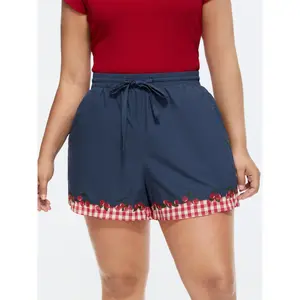 BLOOMCHIC Plus Size Cotton Gingham Print Contrast Hem Shorts [M-6X]2026 Summer Vibes