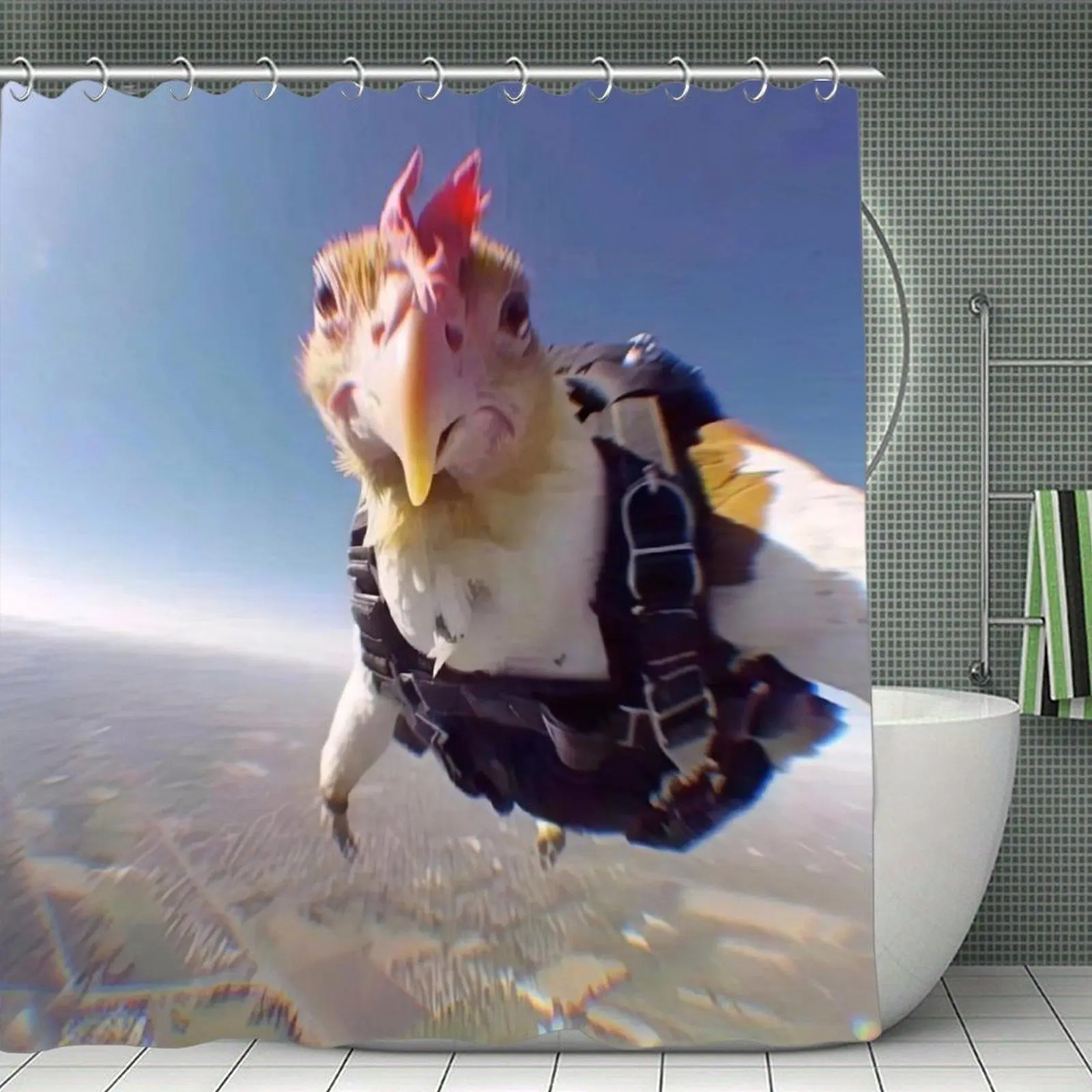 Skydiving Chicken Selfie Print Polyester Shower Curtain, Waterproof Splash-Proof Bathroom Decor with Plastic-Stainless Hardware