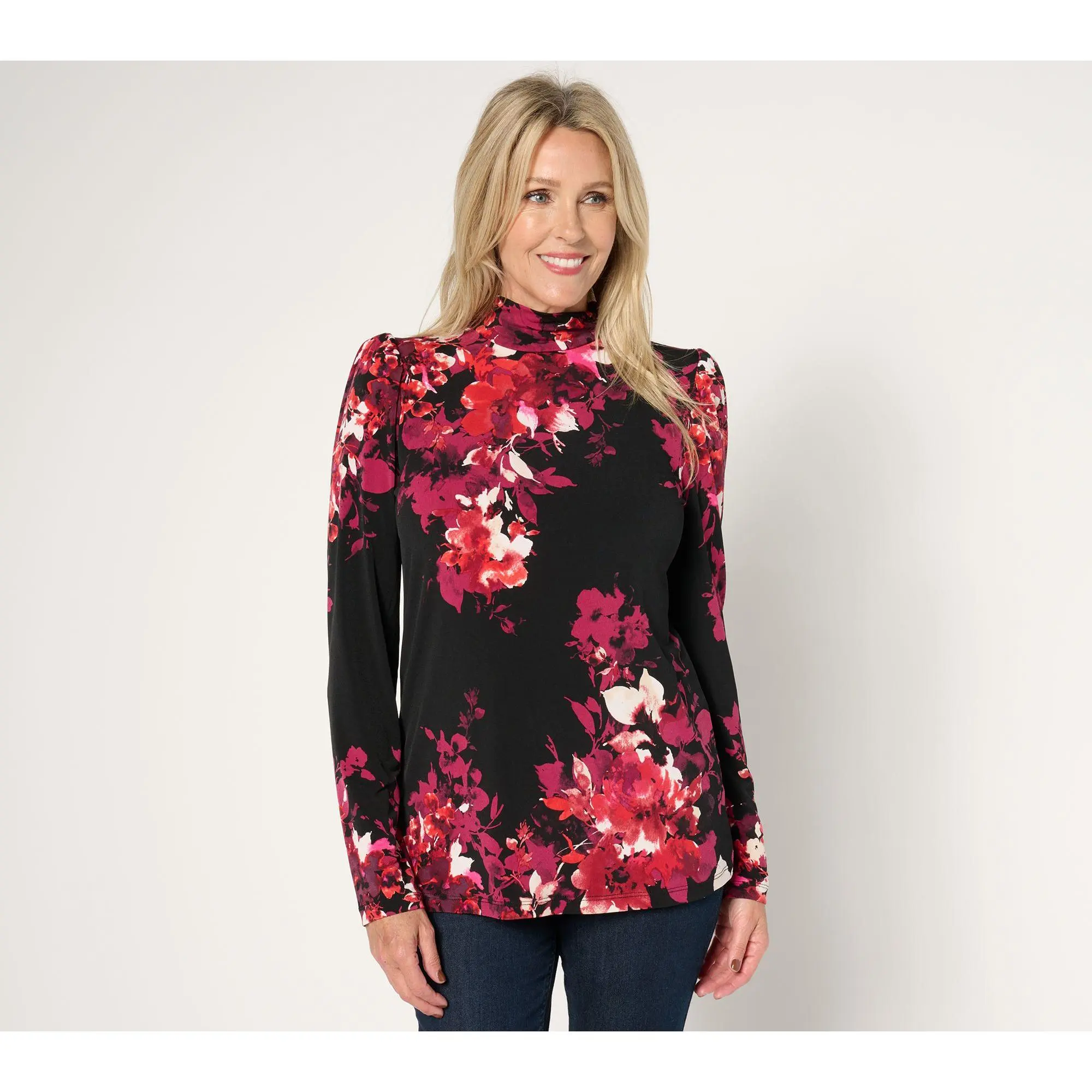 Susan Graver Printed Liquid Knit Puff Sleeve Mock Neck Top