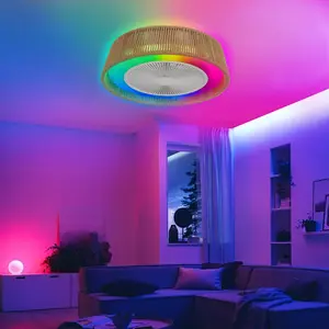 YYDS Modern Rustic Ceiling Fan Light with LED RGB Mood Lighting, Rope Woven Design, Quiet Fan, Semi Flush Mount for Bedroom, Living Room, or Dining Room