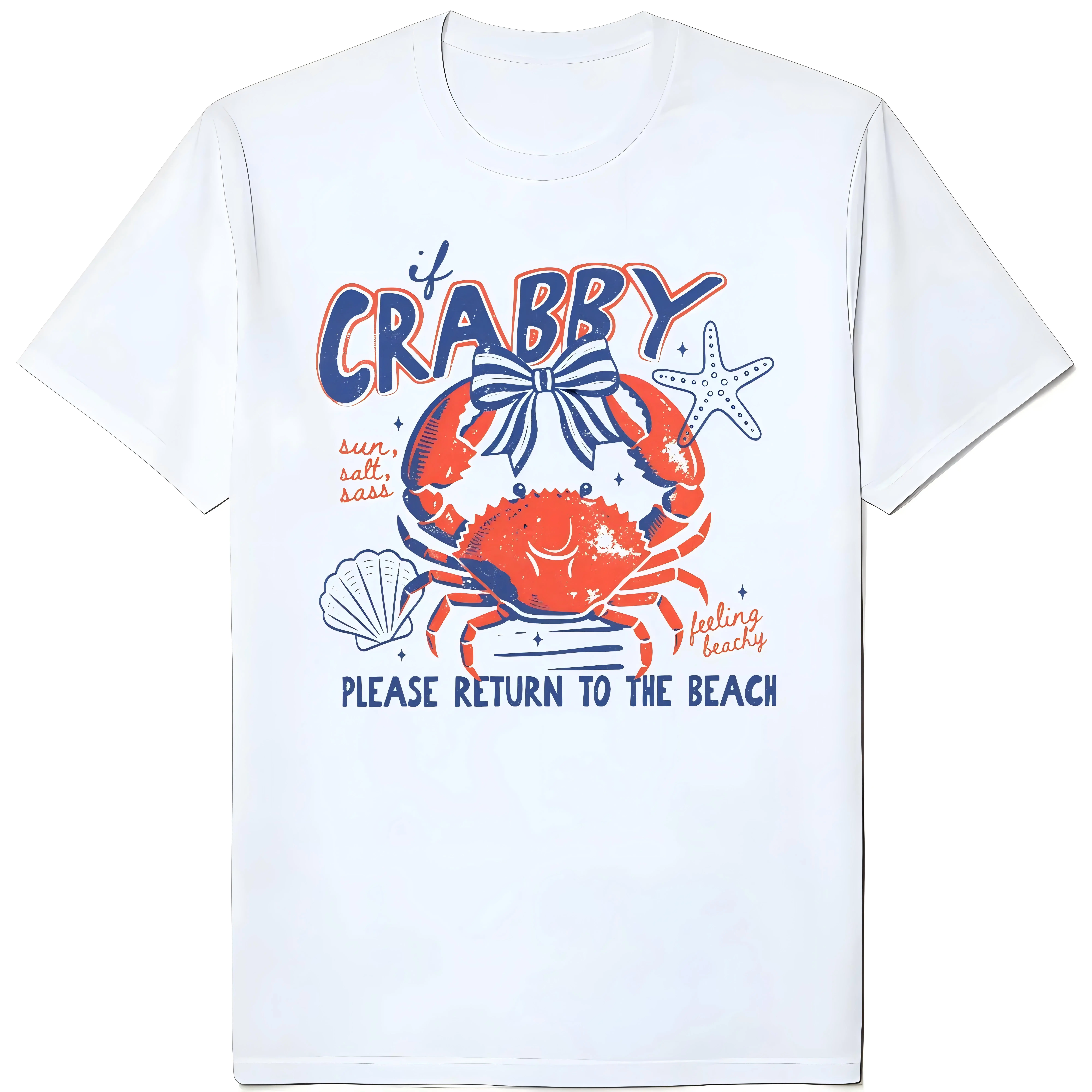 Women's Classic Ribbed Crew Neck Short-Sleeve Fitted Graphic "If Crabby" Sports Top - Comfortable Fabric, Streetwear Style, Everyday Casual Wear, Crab Print, 2Xl, Round Neck, Simple, Lady, Shortsleeve, Apparel, T-Shirt, Tee, Ultra-Soft