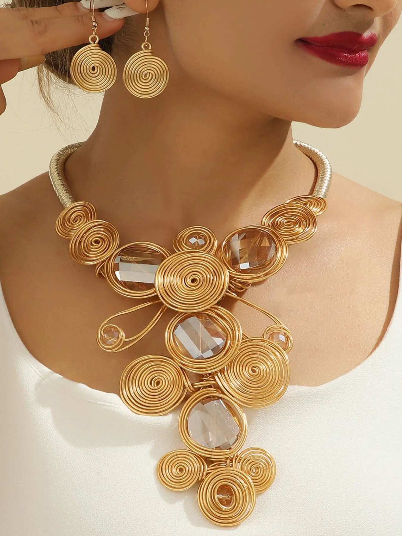 Women's Boho Style Artificial Crystal Decor Necklace & Spiral Earrings, Exquisite Trendy Striking Jewelry Set, Fashion Accessories for Party & Daily Clothing Decor