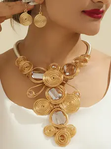 Women's Boho Style Artificial Crystal Decor Necklace & Spiral Earrings, Exquisite Trendy Striking Jewelry Set, Fashion Accessories for Party & Daily Clothing Decor