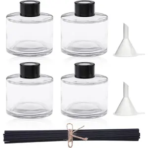 4PCS 100ML Refillable Fragrance Glass Diffuser Bottles with 20 Reeds Sticks Black Caps & Funnel Diffuser Jars for Home Fragrance Oil Decoration Ideal Gift for Women Girls