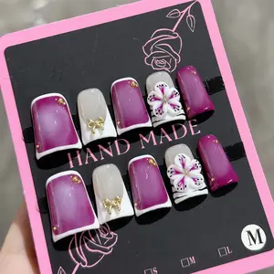 Handmade Duckbill Press On Nails, French Tip Purple Gradient Nails with 3D Flower & Bow Charms, Reusable Fake Nails