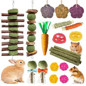 Rabbit Chew Toys for Teeth, 21 Pcs Rabbit Toys Apple Wood Grass Timothy Sticks Chew and Treat for Guinea Pigs Hamster Chinchillas