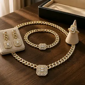 14k Gold Plated Jewelry Set with Zirconia - High Quality, Includes Chain 17inch Bracelet 7 or 71/2 removable closer , Earrings, Ring for Special Occasions