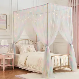 Pink Rainbow Bed Canopy for Girls Kids, 4 Corner Post Romantic Princess Canopy Bed Curtains Twin for Bedroom Decor