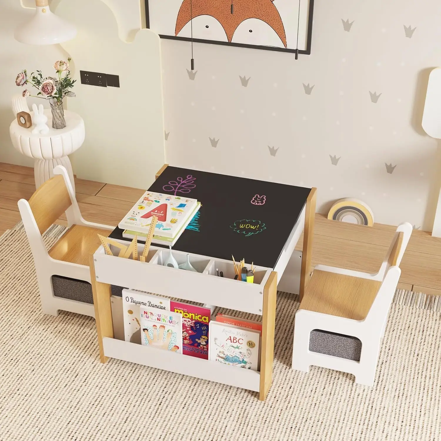 Kids Table and Chair Set with Storage Drawers, Removable Tabletop and Bookshelf, Toddlers Activity Table and 2 Chairs for Drawing Reading Crafts Art Classroom Homework Nursery, White