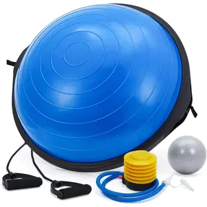 23-Inch Balance Ball, 1600 Lbs Inflatable Half Exercise Ball Balance Trainer with Nonslip Base, Half Yoga Ball Strength Training Equipment with Resistance Bands and Foot Pump, Blue
