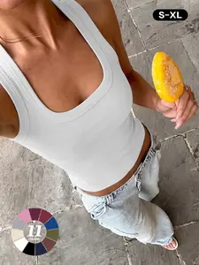 2026 Spring Summer Women's Ribbed Square Neck Tank Top, Form Fitted Sleeveless Crop Cami, Soft Stretchy Basic Racerback Vest for Casual & Workout Sleeveless Crop Tops