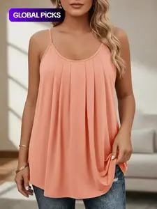 【Plus Size】Plain Plicated Scoop Neck Cami Top, Casual Adjustable Spaghetti Strap Top for Summer, Summer Outfits 2024, Women's Plus Size Clothing for Daily Wear