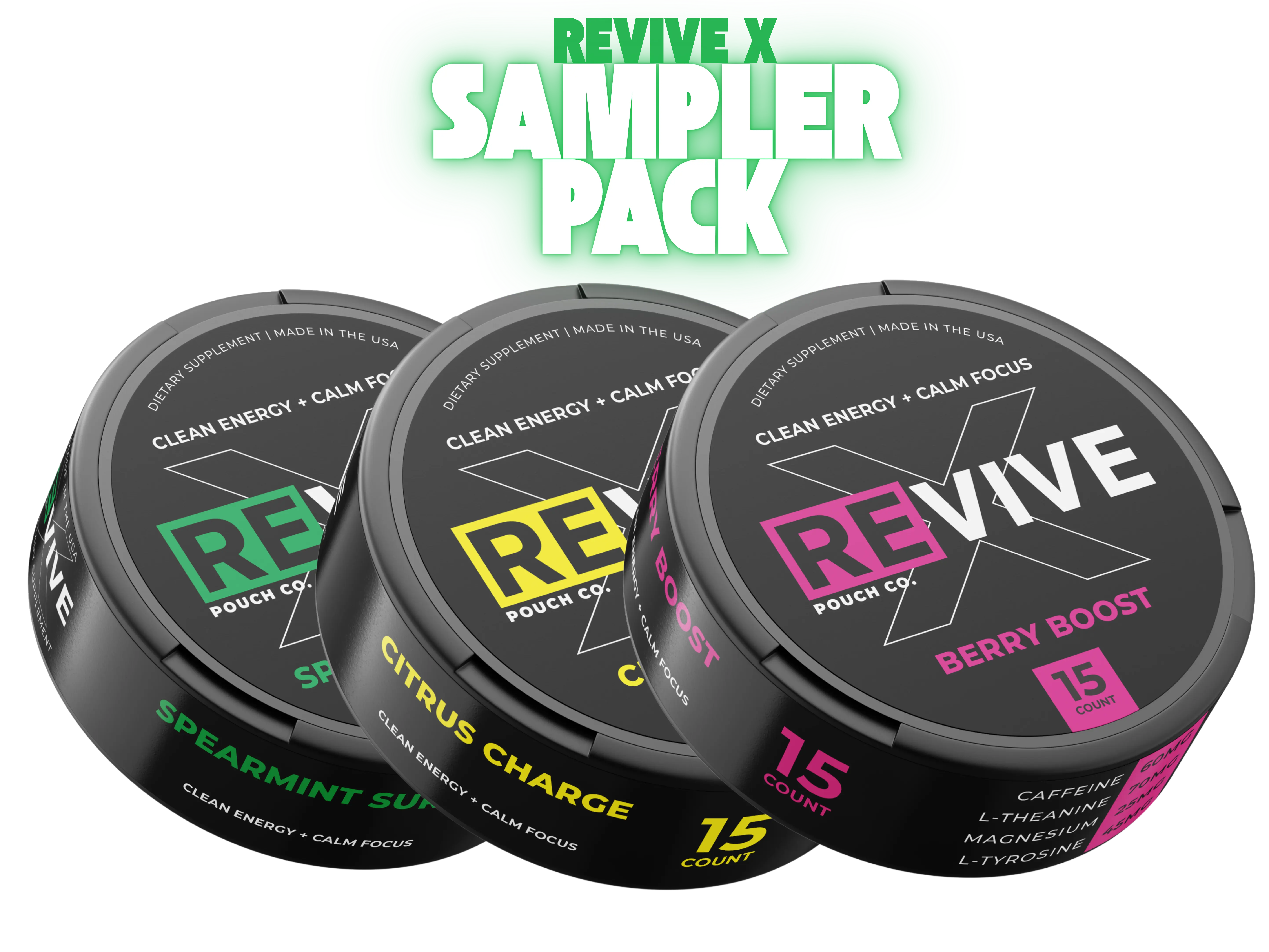 Revive X Energy Oral Pouch Supplement Stack - 3-Can Slim Clean Boost Biodegradable Sampler Pack for Adults - Caffeine, L-Theanine, L-Tyrosine, Magnesium - No Jitters, No Crash - Focus Boost, Mental Clarity - Oral Pre-Workout Alternative (Flavor-Infused),