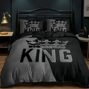 3-piece black/grey crown/King print duvet cover set (1 duvet cover + 2 pillowcases, no duvet). Super soft, comfortable, and breathable duvet and pillowcase sets, suitable for bedrooms, dormitories, hotel rooms, and home décor. Available in large, extra-la