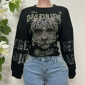 Dark Sweatshirt Embellished With Rhinestones Featuring Tiger Design and Bold Lettering