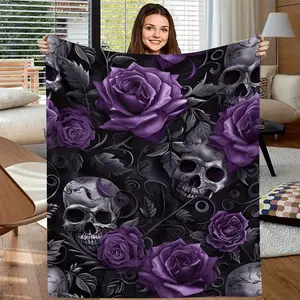 Soft & Cozy Gothic Rose & Skull Print Throw Blanket - All-Season Luxury Fleece Bedspread with Black & Purple Roses, Dark Purple & Pink Skulls - Machine Washable for Couch, Bed, Office, Travel - Contemporary Gothic Home Decor Gift