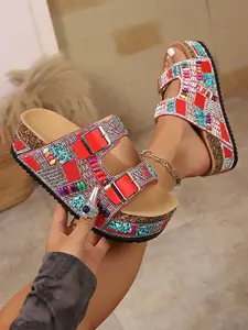 Women's Boho Rhinestone Thick Sole Sandals, Dual Buckle Outdoor Beach Vacation Shoes, Ethnic Style Colorful Beaded Elevator Slippers, Footwear For Beach, Bohemian Sandals