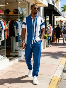 Men's Brown Striped Shirt & Pants Set - Autumn & Winter Edition Business-Casual Style, Minimalist & Easy to Match Men's Clothing, Suitable as Inner Wear, Ideal for Casual Outings, Outdoor Activities & Commuting, Trendy Men's Apparel, Perfect Holiday Gift