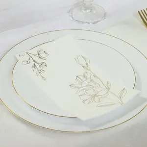 50 Pack White 2-Ply Paper Party Napkins with Gold Lilly Flowers Print, Highly Absorbent Soft Disposable Dinner Napkins