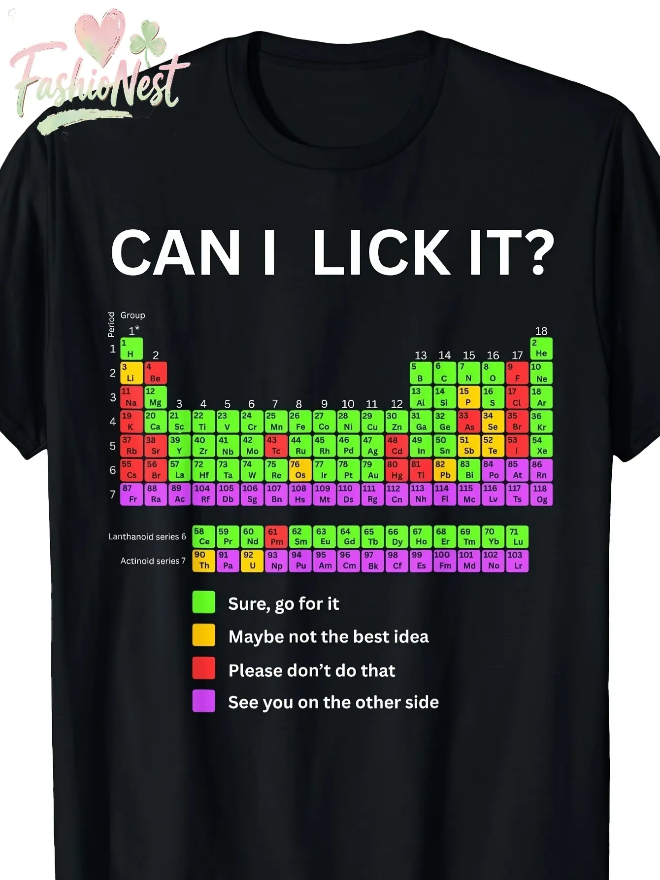CAN I LICK IT?Men's Funny Science T-Shirt with Periodic Table Elements, Safety Guide & Color-Coded Legend - Chemistry-Themed Casual Tee for Chemistry Lovers (Sizes S-XXXL) - Periodic Table of Element Safety Design for Casual Attire